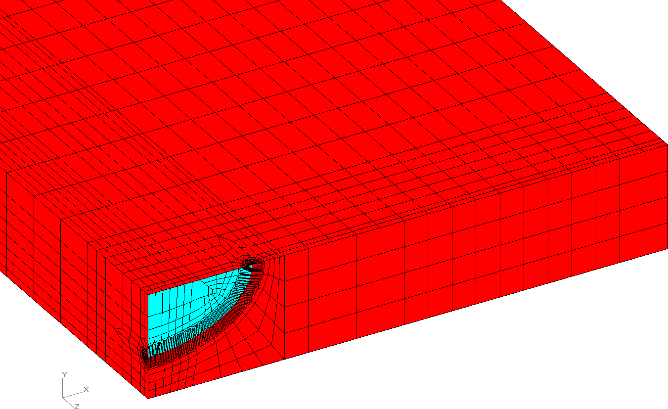 Isometric view of surface crack mesh